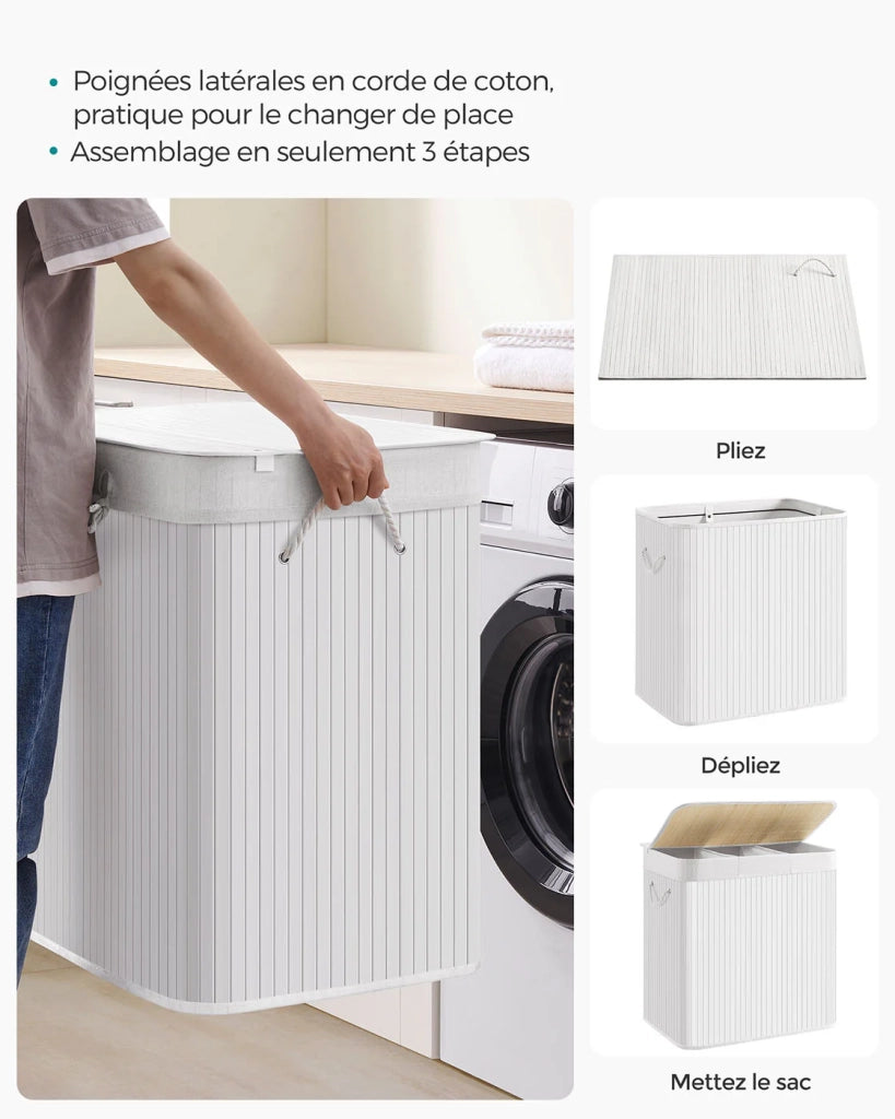 Cesto portabiancheria a 3 scomparti con coperchio e manici cesto portabiancheria pieghevole da 150 litri per lavanderia/camera da letto bianco 12_0006666
