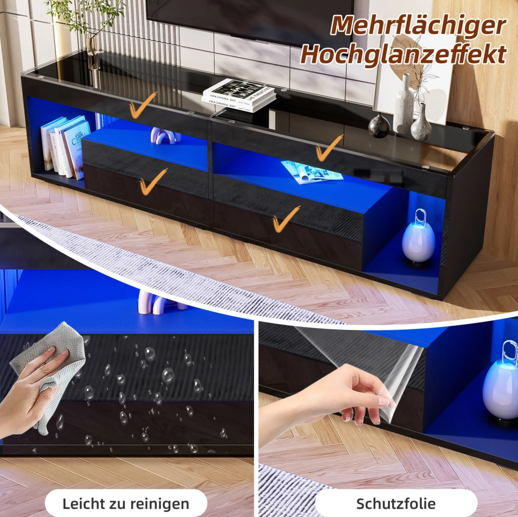 Mobile TV moderno con LED e 2 cassetti; 180x40x46 cm; nero lucido