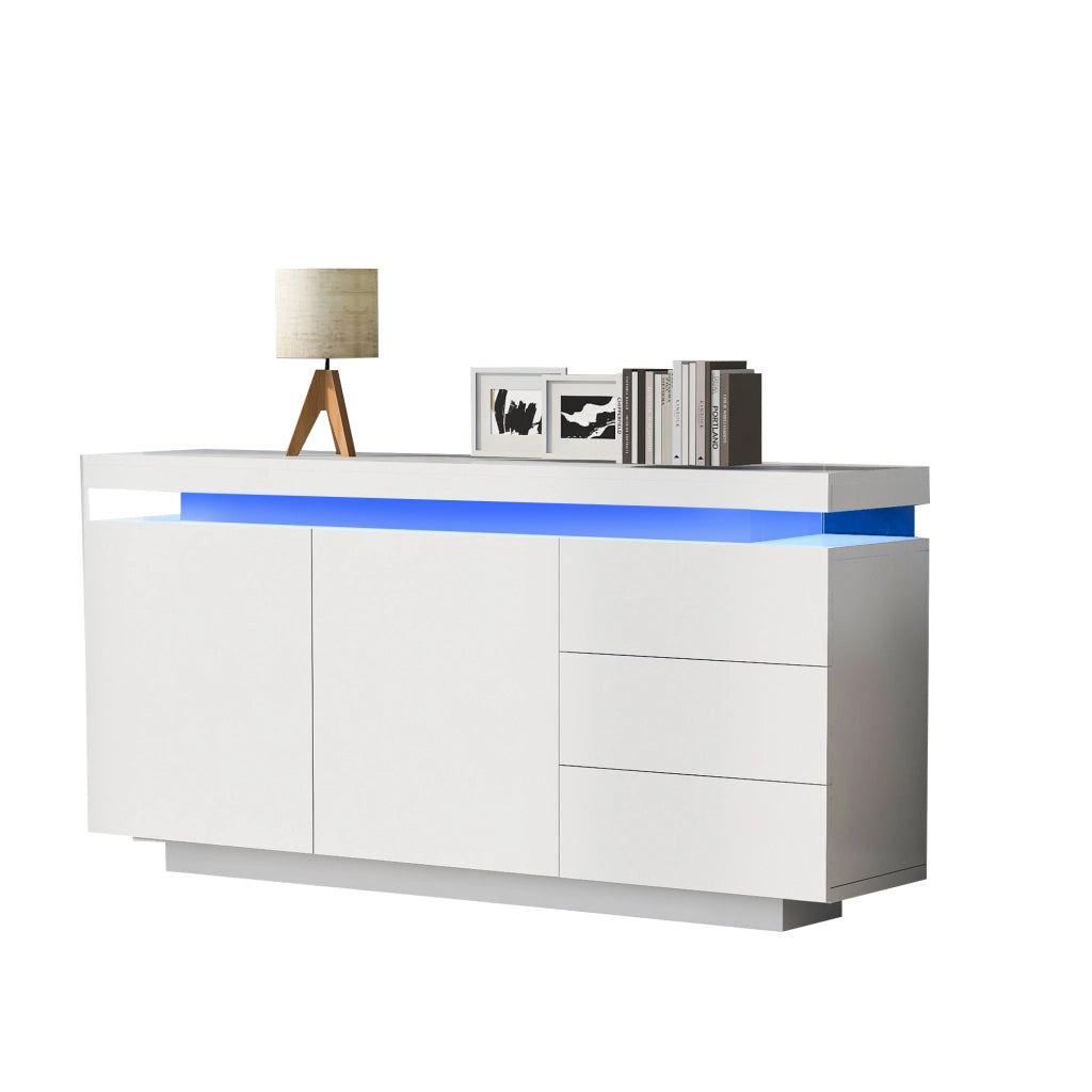 Credenza con 2 ante; 3 cassetti e LED; per soggiorno; 140x35x72.5 cm; bianco