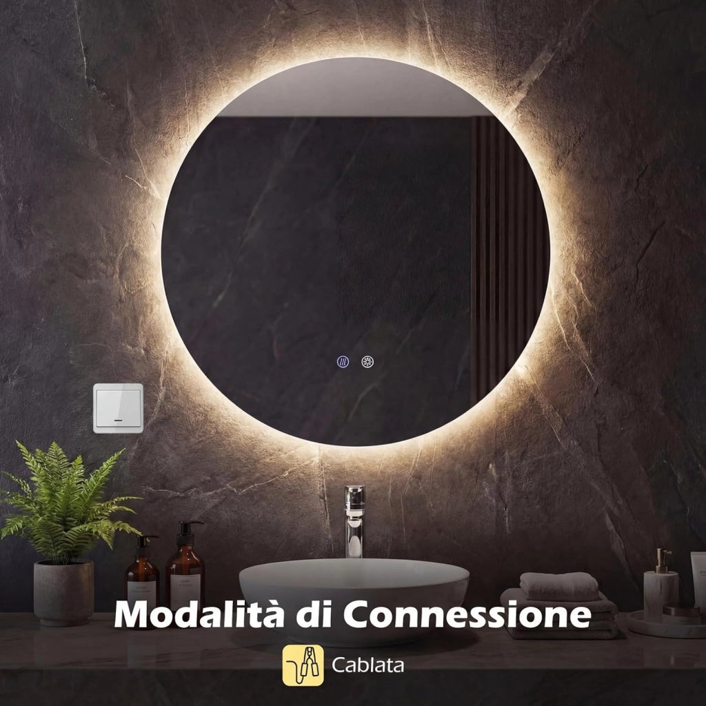 Specchio Rotondo LED da 70 cm, Specchio da Bagno da Parete con Luminosità Regolabile, Retroilluminato Morbido, Vetro Temperato con Funzione Memoria e Anti-Appannamento (70 cm x 3 cm)