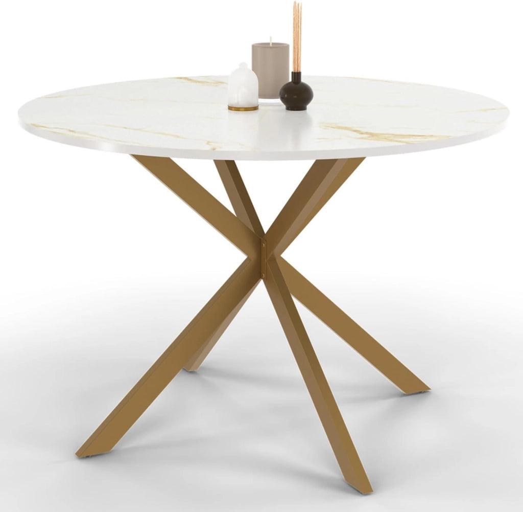 Tavolo da pranzo rotondo per 6 persone ALIX con gamba a ragno in ottone e piano ALASKA 110 cm effetto marmo oro