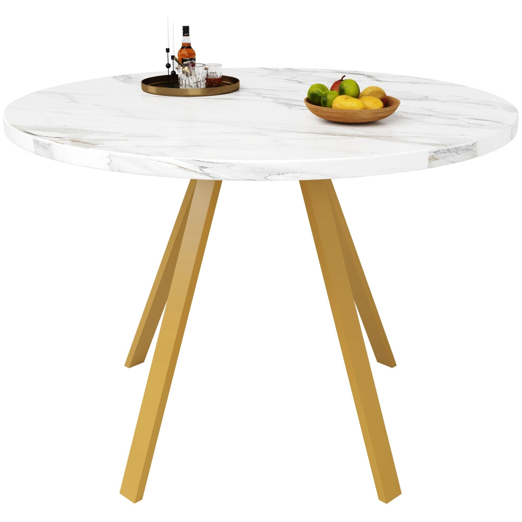 Tavolo Rotondo da Pranzo ¨C Xylo ¨C Piano Effetto Marmo Bianco, Gambe in Metallo Oro, 80x80x75 cm