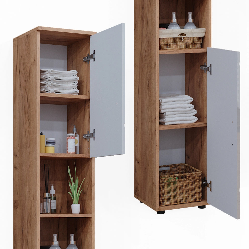 Armadio per il bagno Irma Bianco lucido/Rovere dorato 30 x 192 cm con ante e vani a giorno Vicco