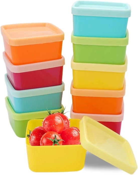 Contenitori Mini per Conservazione 10 pezzi - Box con Coperchio 6,5 x 6,5 x 3,5 cm - Contenitori Mini per Magazzino - Contenitore Plastico per Fridge per Snack Frutta Erbe Salsine - 5 Colori
