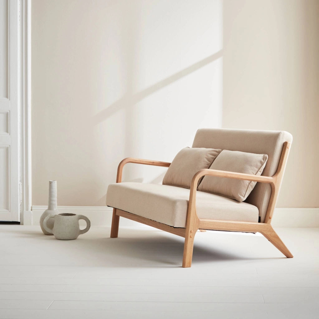 Panca stile scandinavo in legno e tessuto, 2 posti, beige