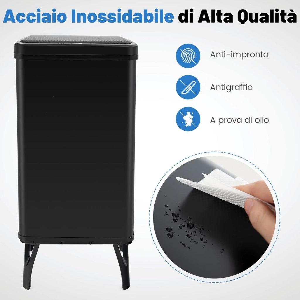 Bidone per Spazzatura in Acciaio Inossidabile 50L, Cestino per Spazzatura Automatico con Sensore di Movimento e Coperchio Rimovibile, con Gambe Staccabili per Cucina Ufficio (Nero)