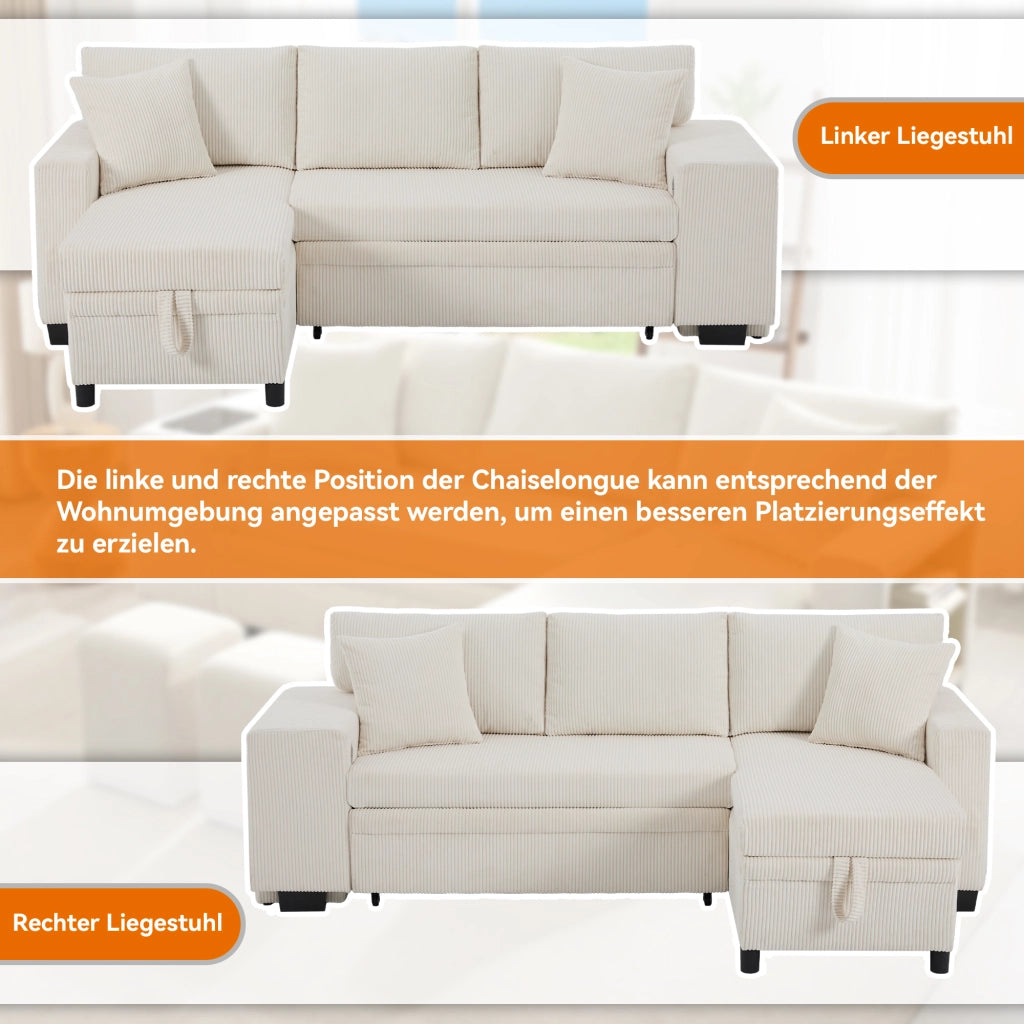 Divano Letto Angolare Convertibile con Contenitore; USB e Tipo C; Ripiano Laterale; in Velluto a Coste Beige