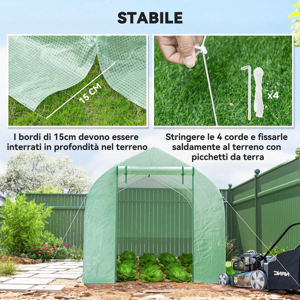 Serra a Tunnel Anti-UV 4x2x2 m con 6 Finestre a Rete e Ingresso Arrotolabile in Metallo e PE Verde