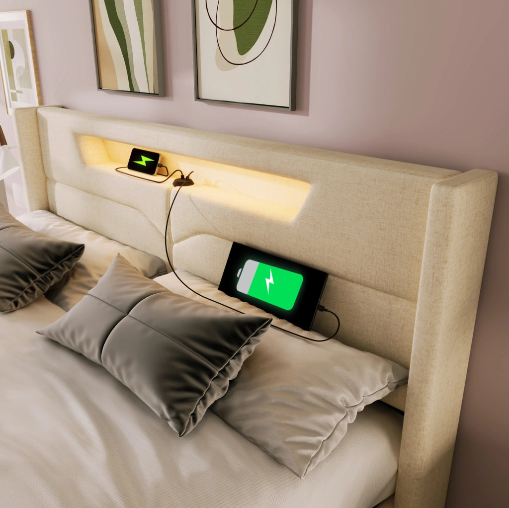 Letto matrimoniale 140x200 in lino beige con LED; USB Type-C e contenitore