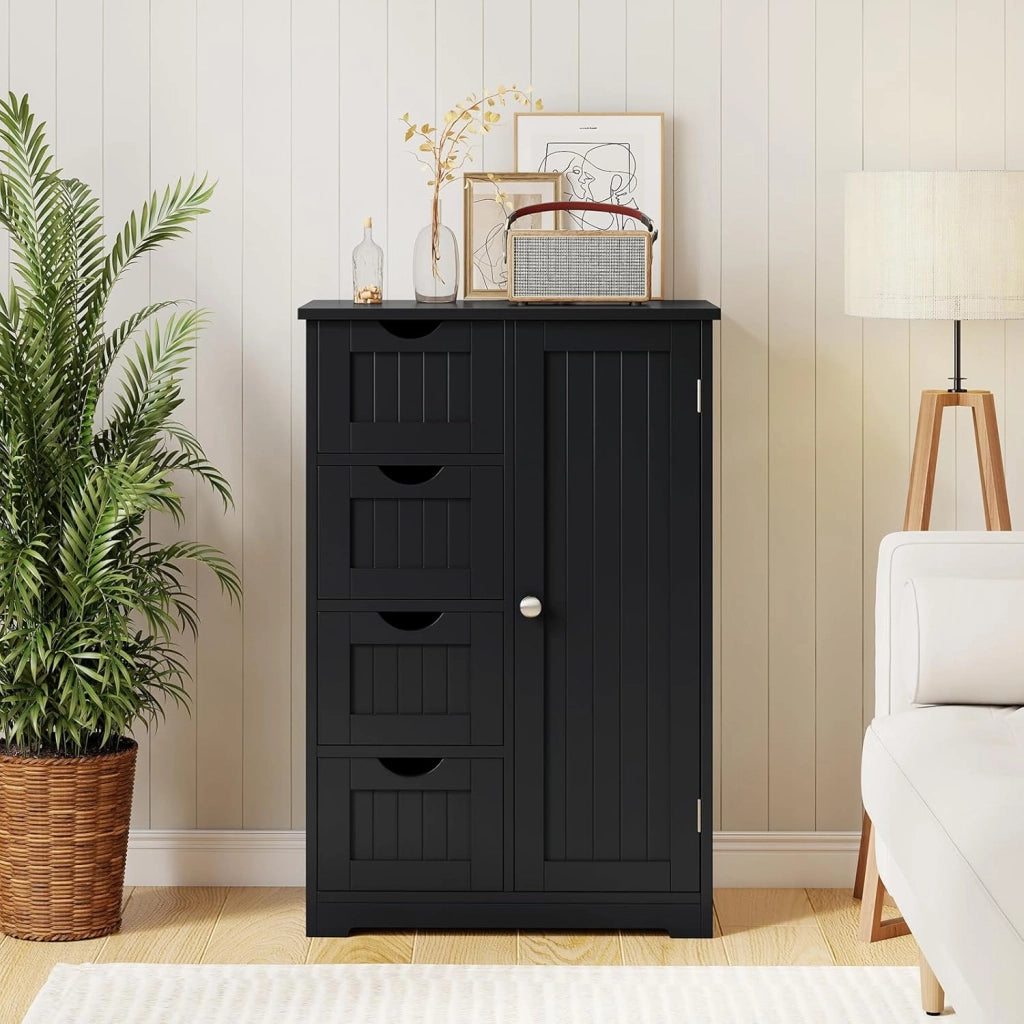 Armadietto portaoggetti da bagno con cassetti, organizer con 4 cassetti, ripiano regolabile, dispositivo anti-ribaltamento, console per ingresso, mobile da pavimento del bagno (nero)