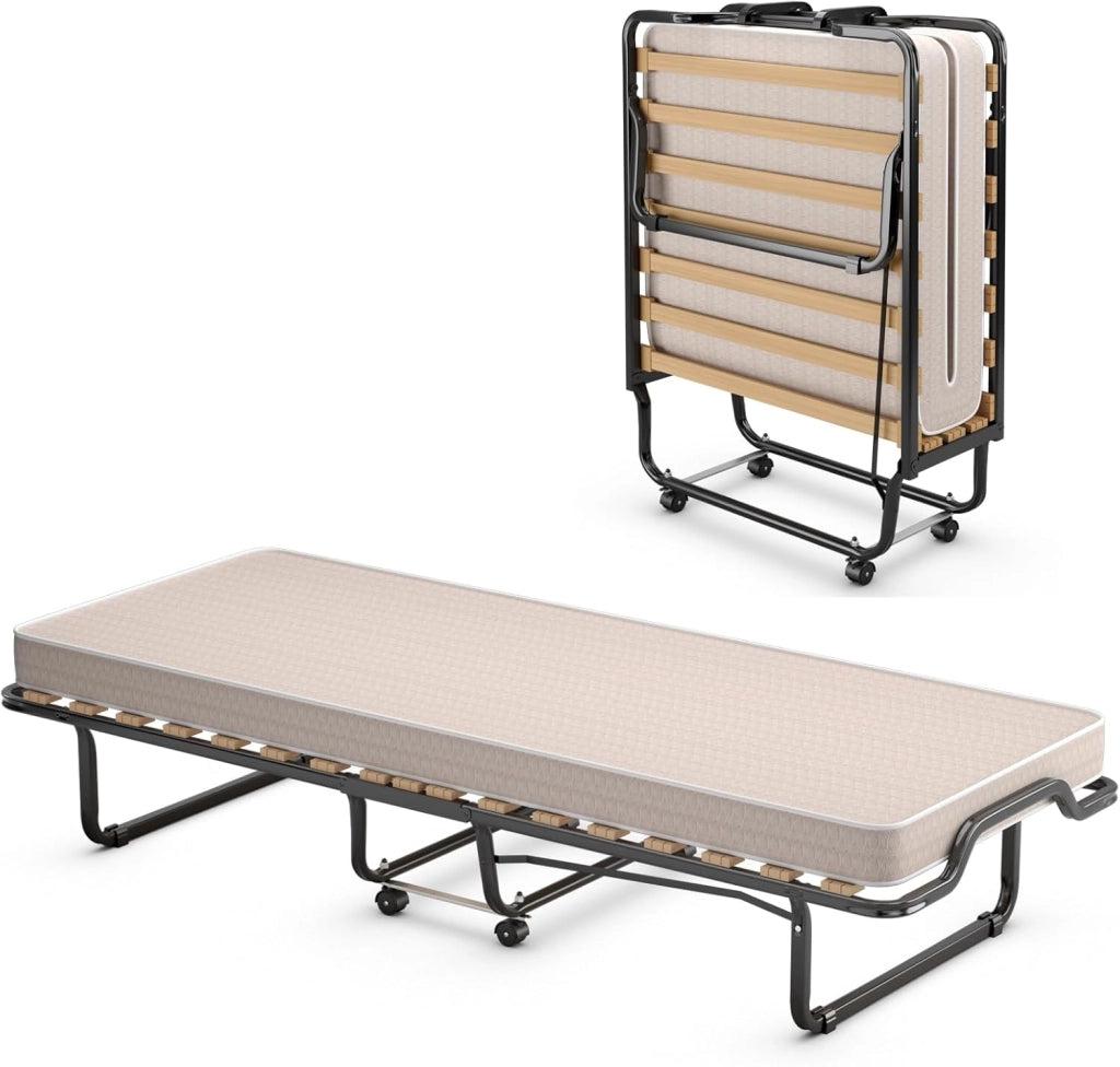 Letto per gli ospiti pieghevole, 80 x 200 cm, per adulti, letto da viaggio con materasso in memory foam, letto singolo, 4 ruote, pieghevole in metallo, portata fino a 120 kg (blu)