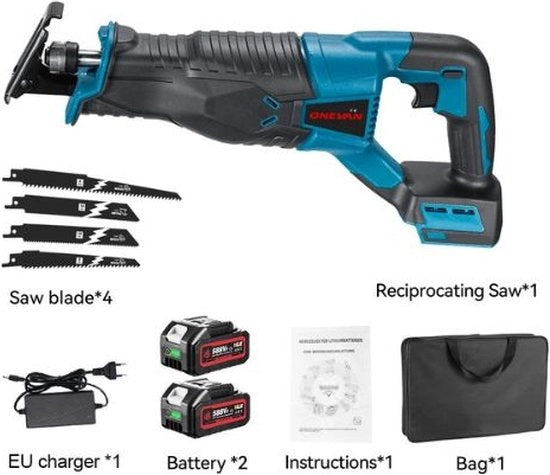 Reciprozaag elettrico - Kit con accessori - 2 batterie - Con borsa di trasporto - 4 lame - Blu