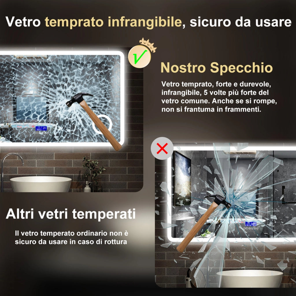 specchio rettangolare 120x70 cm con luce dimmerabile a 3 colori, bluetooth, antiappannamento e ingranditore 3x