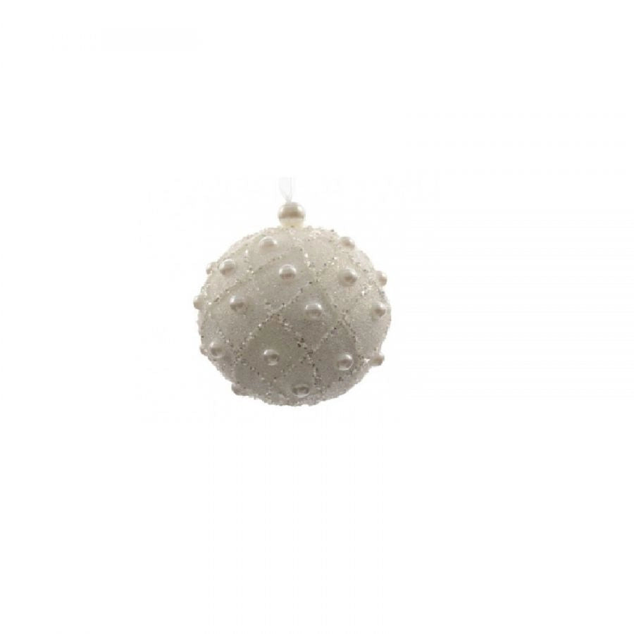 Pallina con perle in schiuma e glitter bianca d.8cm