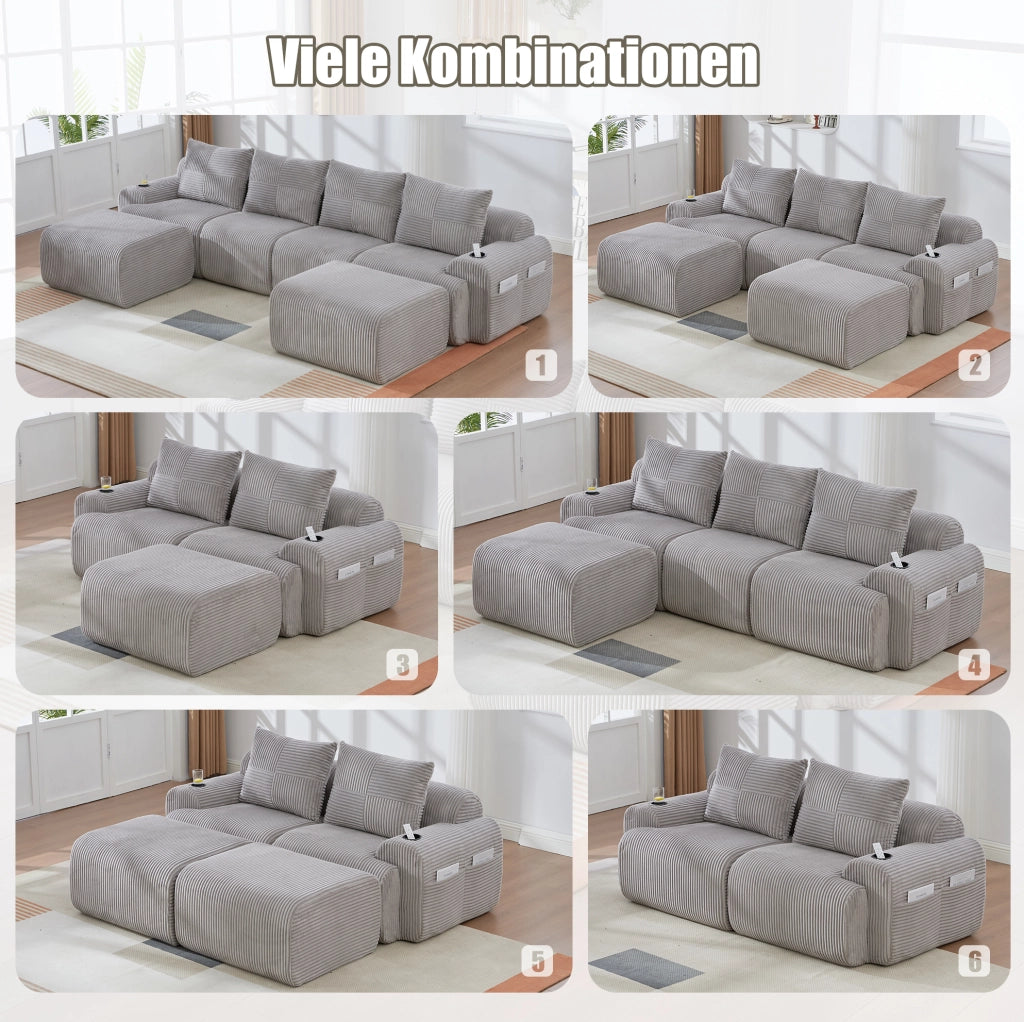 Divano modulare 4 posti in tessuto corduroy; con portabicchiere e tasca laterale; grigio chiaro