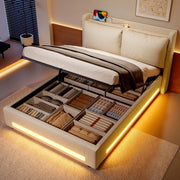 Letto Imbottito Contenitore con LED e USB ¨C MINIMAL ¨C Velluto Beige 160x200