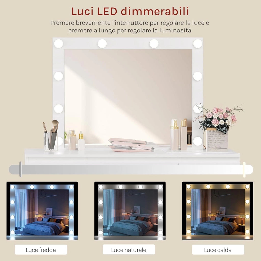 Toeletta da Trucco con Specchio LED Regolabile, Tavolo da Trucco Moderno con Cassetti e 2 Prese, 1 USB-A e 1 USB-C, Cavo di 1,5 m, Bianco