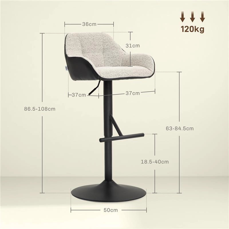 SET 2 SGABELLI IMBOTTITI AD ALTEZZA REGOLABILE CON SCHIENALE E BRACCIOLI 52.5X53X86.5-108 CM NERO GRIGIO CHIARO