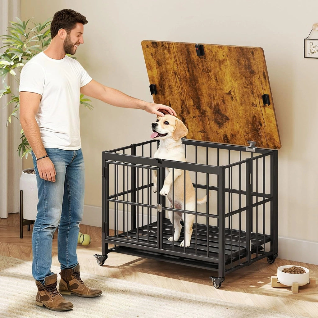 Cuccia Pieghevole per Cani, Casetta Resistente alle Masticazioni con Porta e Ruote Bloccabili per Razze Piccole, Cuccia Decorativo da Interno per Animali Domestici (80 x 61 x 64 cm)