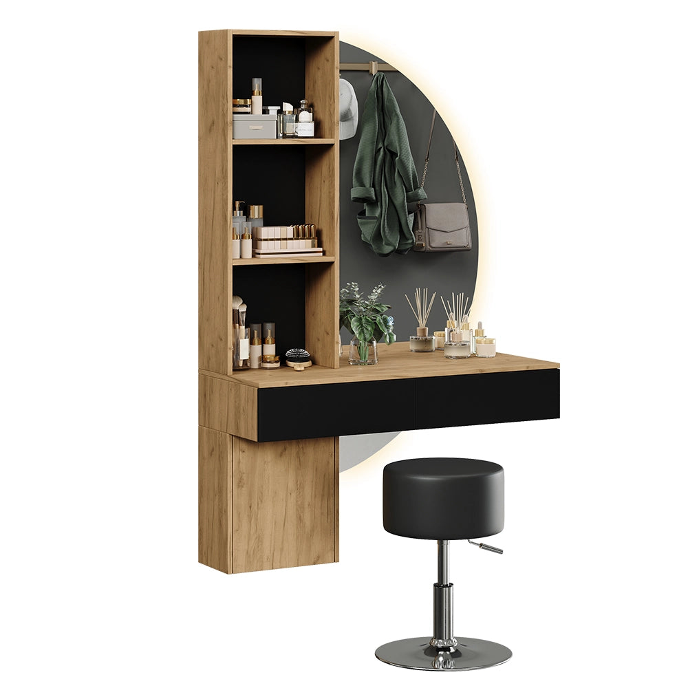 Vicco Tavolo da toeletta Quercia/nero 100 cm con specchio LED e sgabello