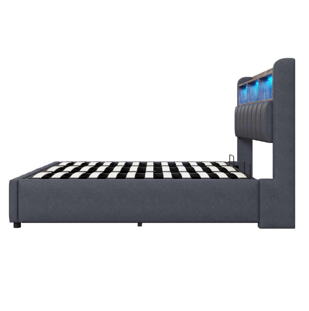 Letto imbottito 180x200 cm grigio con LED, USB/Type-C e vano contenitore