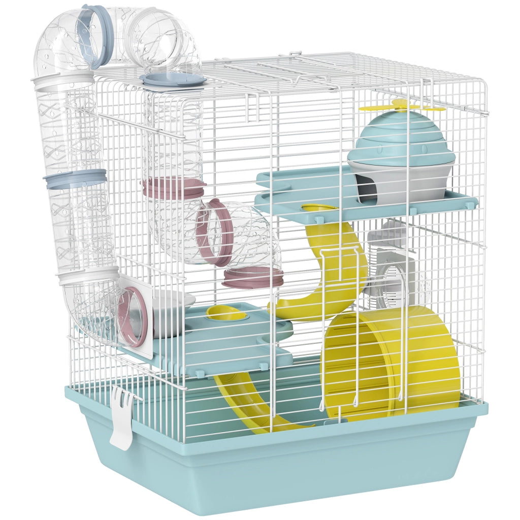 Gabbia per Criceti a 3 Livelli 34,5x27,5x41 cm 12 Tubi con Casetta Rampa e Accessori in Metallo e Plastica Grigio