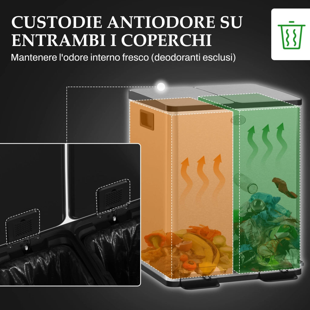 Pattumiera a Pedale 2 Sezioni da 20L 45,8x36x51,6 cm in Acciaio Inox e PP