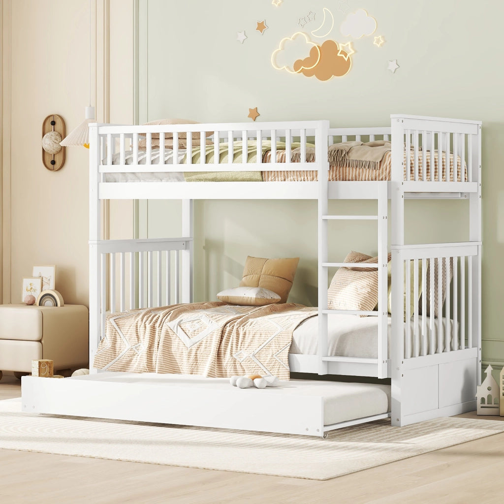 OKWISH Letto a Castello 90×200 cm, Letto 3 Posti con Letto Estraibile, Scala e Sponde Alte, senza Materasso, in Pino, Bianco