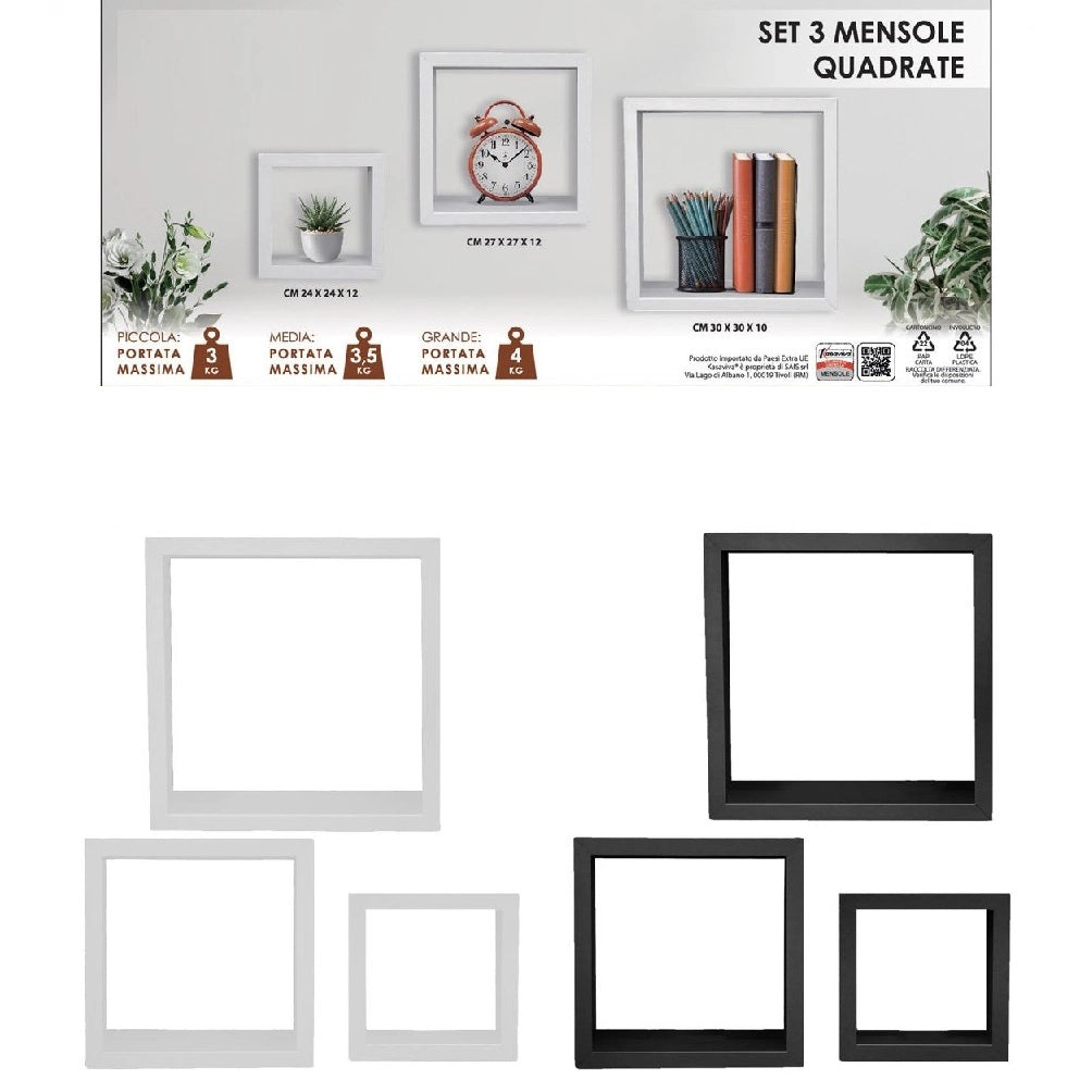 Kit 3 Mensole Cubo da Parete in Legno 30x30 27x27 24x24 cm colore Bianco