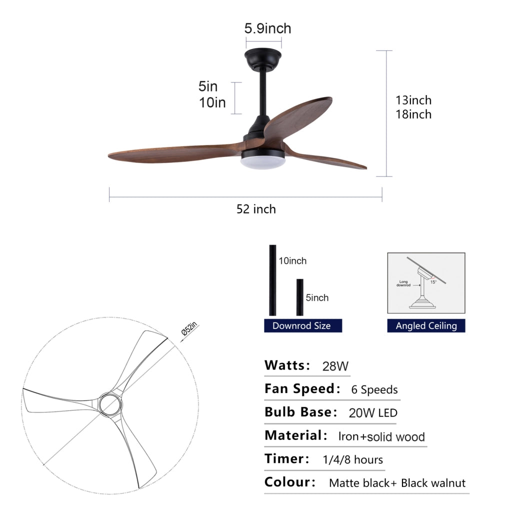 Ventilatore da soffitto da 52 pollici con luce LED; 3 pale in legno massiccio; nero e noce scuro