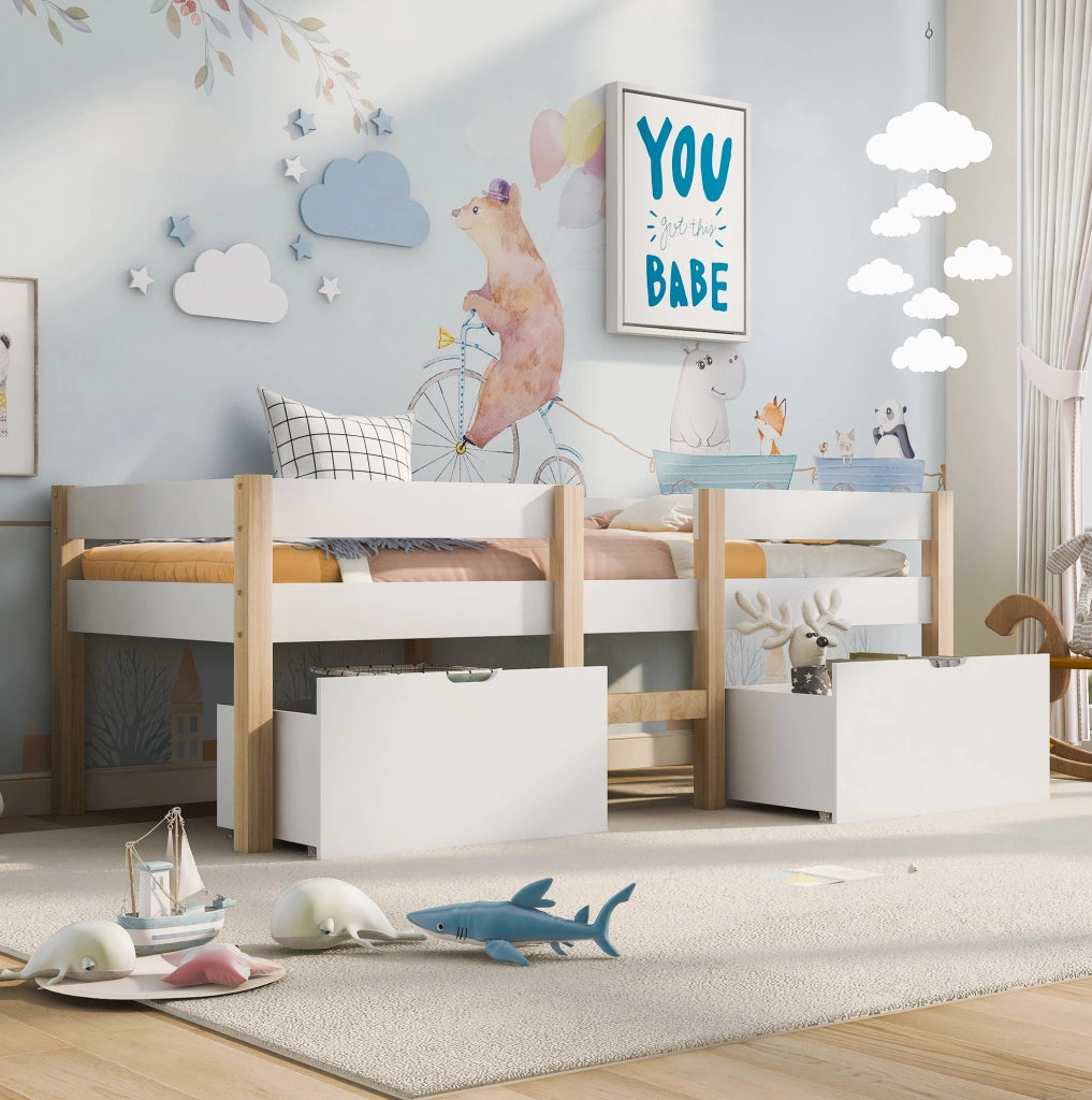 Letto per bambini in legno massello di pino con cassetto e protezione anti-caduta, 90x200 cm bianco e quercia