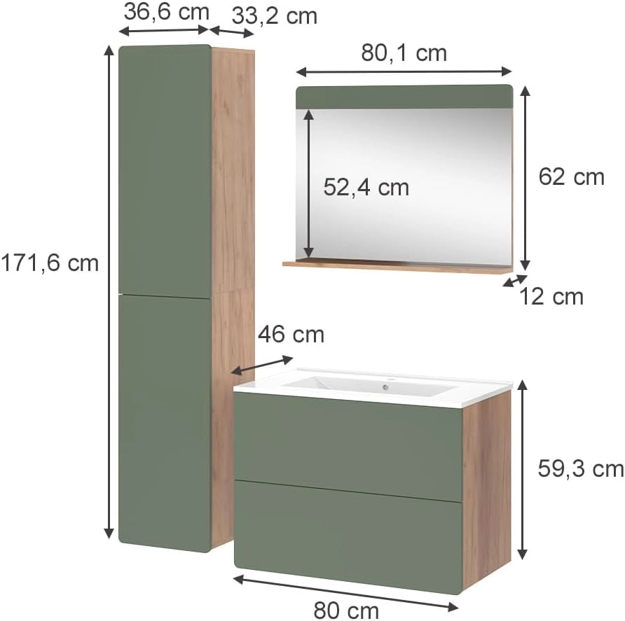 Set di mobili da bagno Izan, Goldkraft rovere/verde, 80 cm, composto da mobile sottolavabo con lavabo, armadio alto e specchio da bagno
