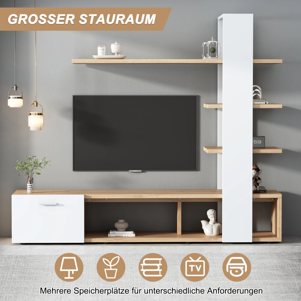 Mobile TV- sospeso- bianco/rovere- 180x33.5x151.5 cm- per TV 60"