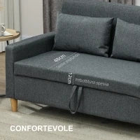 Divano 2 Posti con Spazio Portaoggetti e Cuscini, in Tessuto Effetto Lino e Legno, 135x72x84 cm, Grigio Carbone