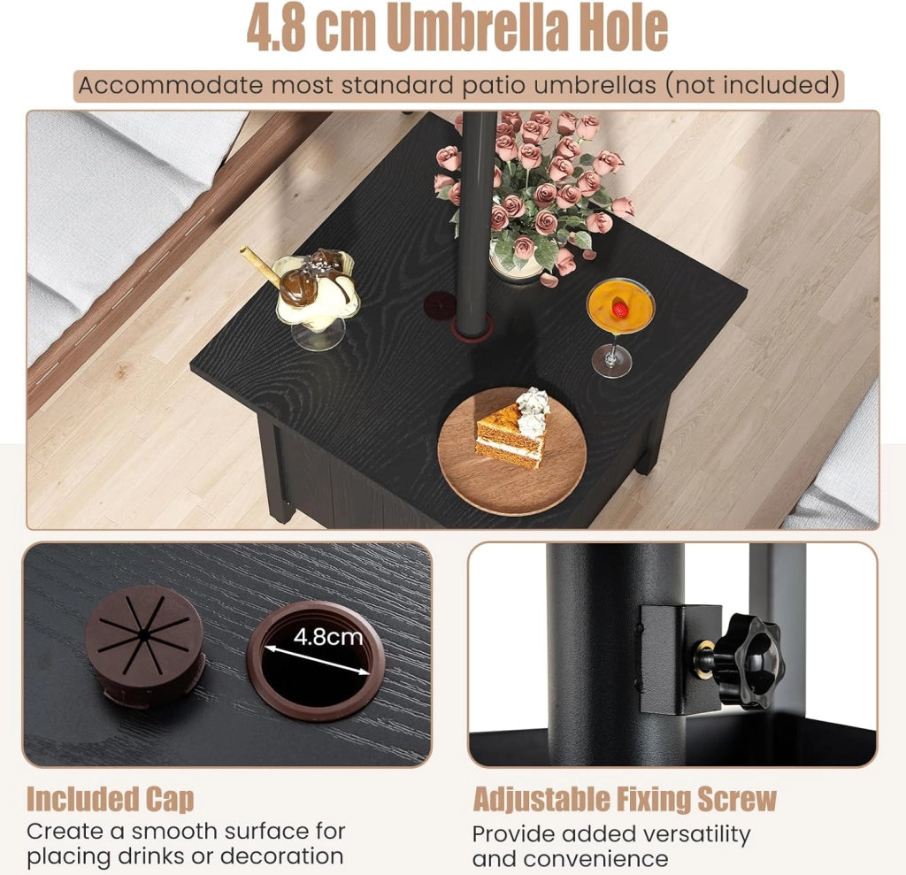 Tavolino da Giardino con Foro per Ombrellone da Ø48 mm, Tavolino da Caffè Rettangolo con 2 Sacchi di Sabbia, Piedini Regolabili e Ripiano Scomparto, Tavolo Basso da Balcone, Cortile, Nero