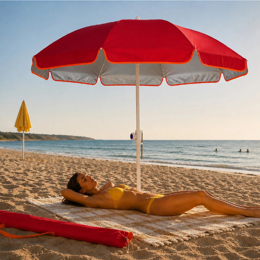 Ombrellone Mare Maxi 220 cm con Protezione UV, Palo a Vite e Inclinazione Regolabile, Parasole da Spiaggia con Presa d'Aria Antivento, Stecche Resistenti e Custodia Trasporto Rosso