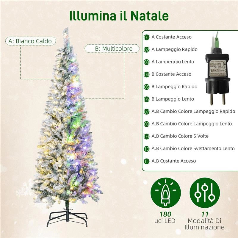 ALBERO DI NATALE INNEVATO CON 180 LUCI LED A 11 EFFETTI E 479 RAMI, Ï65X180 CM, VERDE E BIANCO