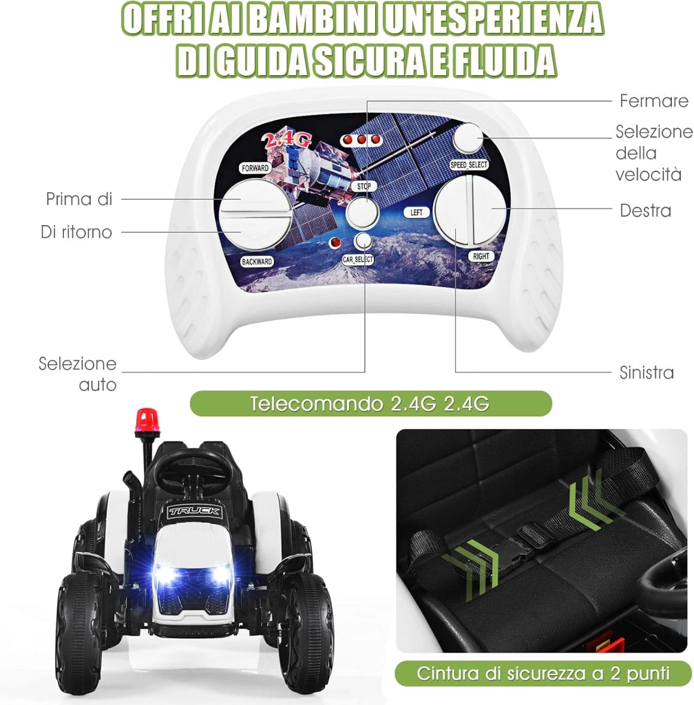 Trattore Elettrico per Bambini con Rimorchio, 2 in 1 Go Kart e Trattore per Bambini 3-8 Anni, con Telecomando e Cintura di Sicurezza a 2 Punti (Bianco)