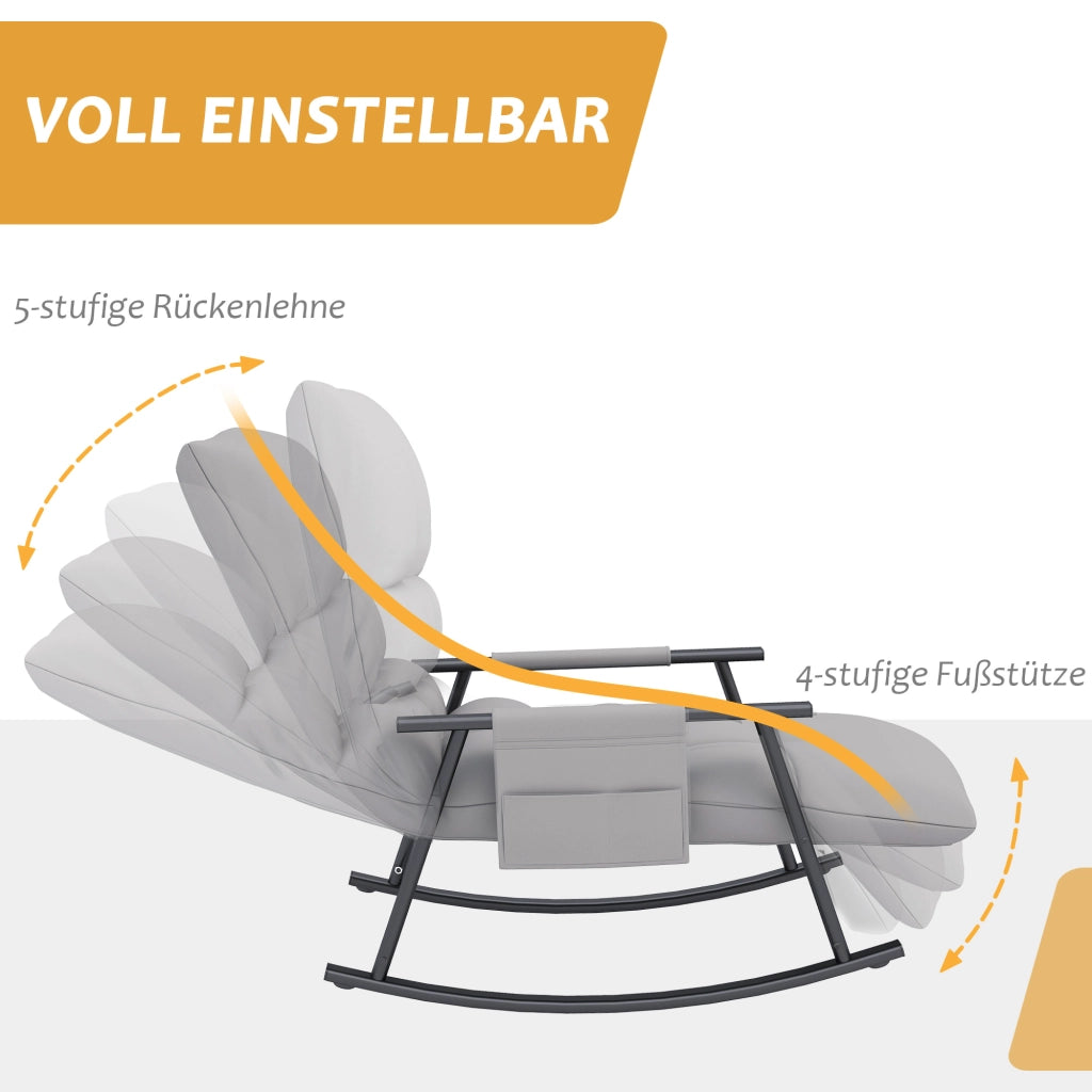 Poltrona a dondolo relax con poggiapiedi e schienale regolabile, tasca laterale, in poliestere grigio 134 × 60 × 70 cm