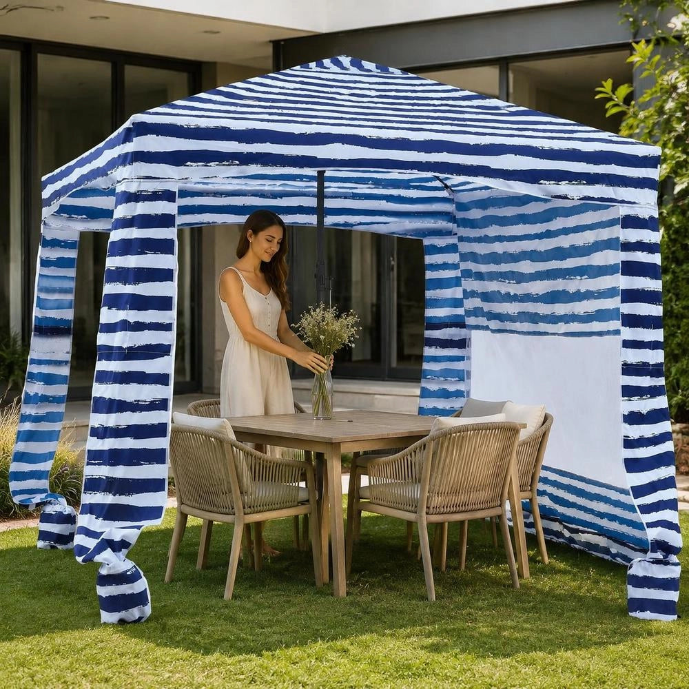Beach Cabana, 183 X 183 Cm Beach Canopy With Side Panel, UPF 50+ Sun Protection, Beach Pavilion With Sandbags, Portable Sunshade Parasol For Family And Friends, Navy Blue Stripes