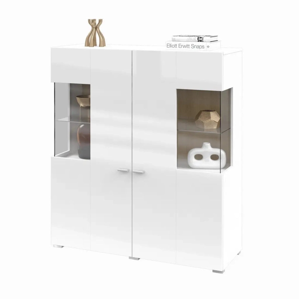 Credenza alta collezione KOBEE con 2 porte in vetro e LED integrato. Colore bianco e rovere.