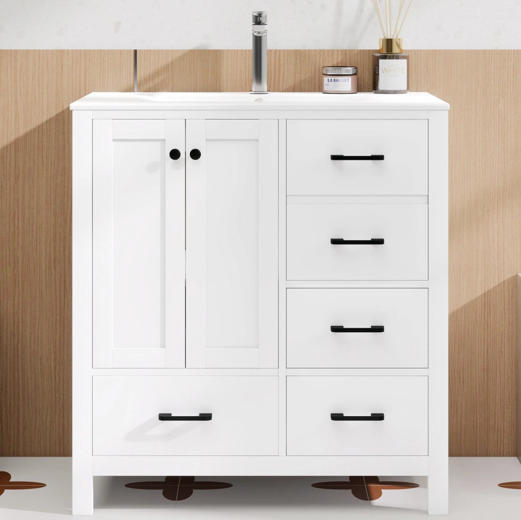 Mobile lavabo da bagno bianco con lavabo in ceramica e ampio spazio contenitivo