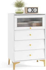 Cassettiera Camera da Letto con 3 Cassetti, Comodino Salvaspazio con Scomparto con Vetrina Ribaltabile, Mobile per Soggiorno Ingeresso e Studio, 60 x 40 x 95,5, Bianco