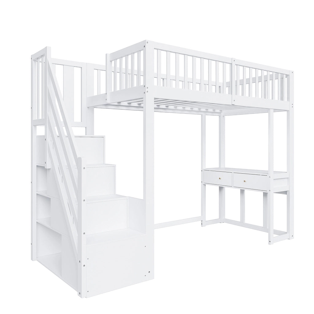 Letto a soppalco 90x200 cm con tavolo multifunzione in legno bianco