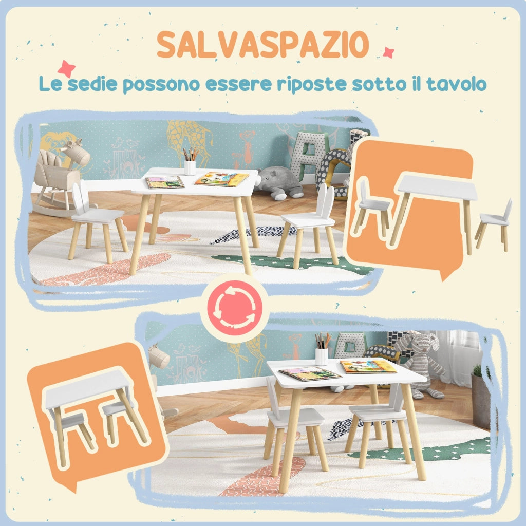 Set Tavolo con 2 Sedie per Bambini Orecchie di Coniglio Bianco