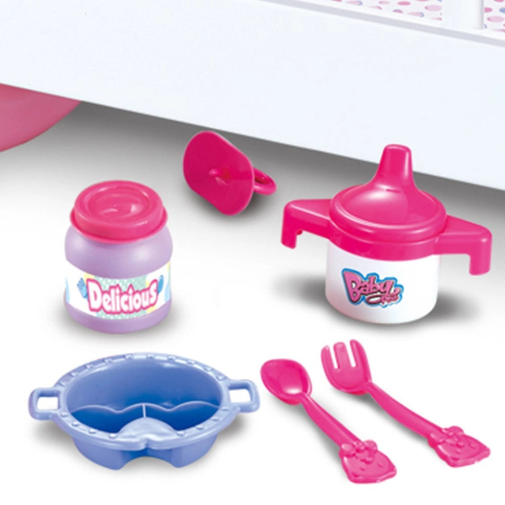 Trade Shop - Culla Per Bambole Lettino Culletta Bambolotto Con Giostrina E Accessori Pappa -