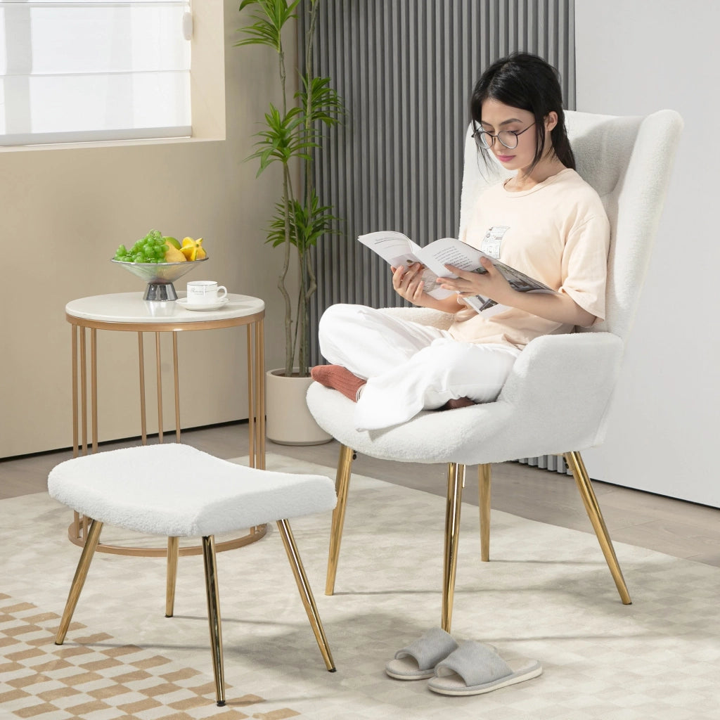 Poltrona con pouf ¨C Zephmum ¨C Bianco, Sherpa, metallo dorato