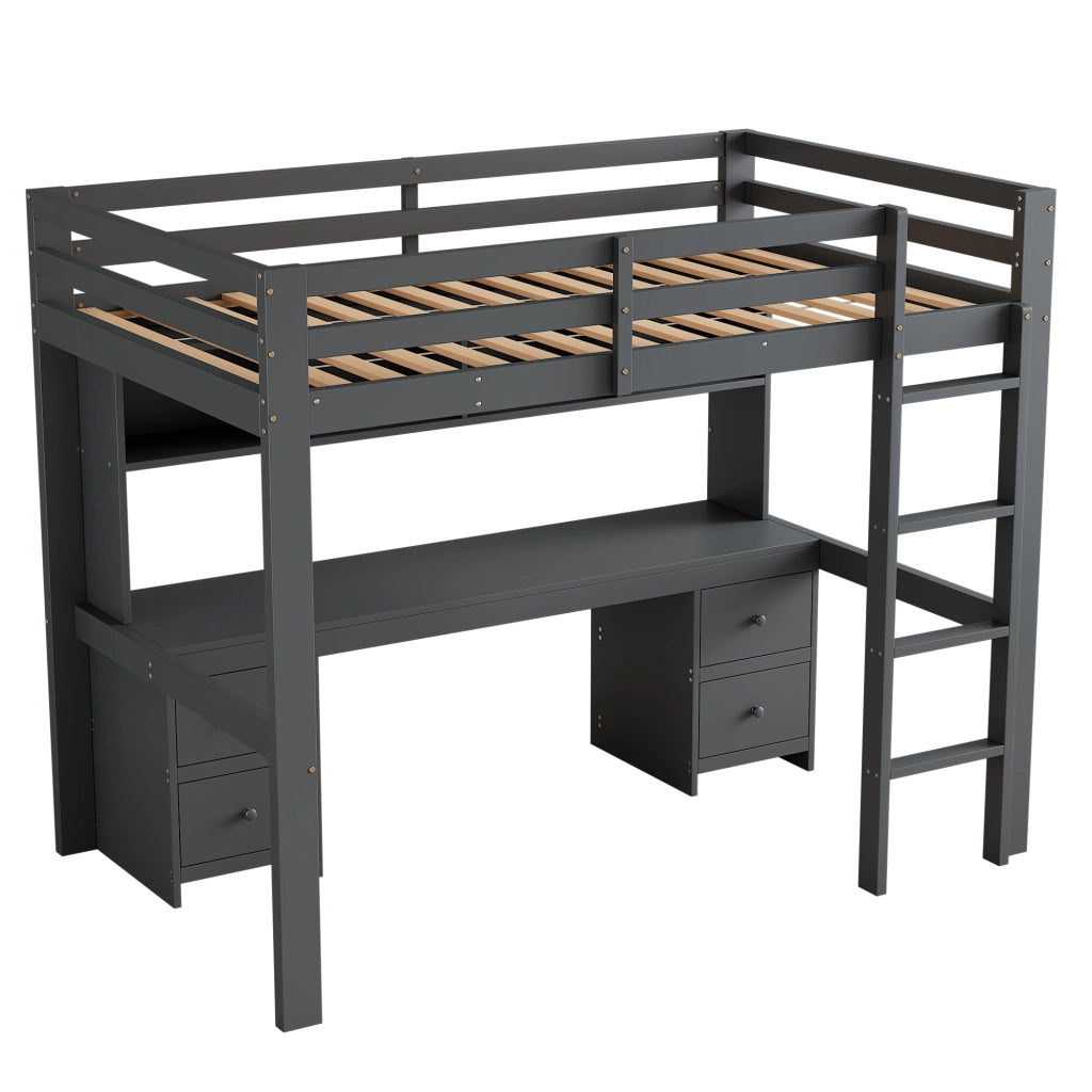 Letto a Soppalco 90×200 cm; Letto Singolo con Scrivania; 4 Cassetti e 4 Ripiani; senza Materasso; Grigio