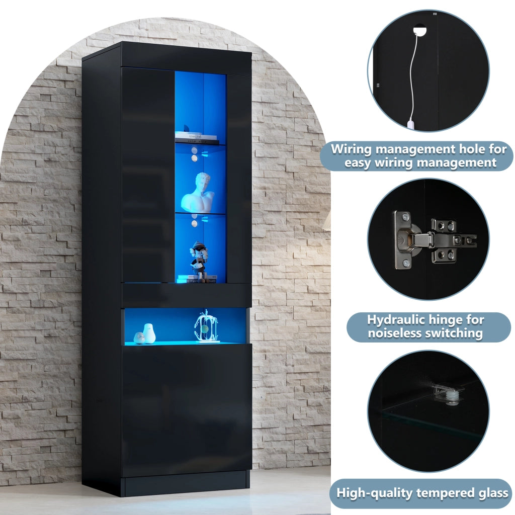 Vetrina con led e 1 anta semicoperta, 2 ripiani in vetro e vani aperti, stile moderno, per soggiorno e ufficio, nero, 50 × 40 × 180 cm