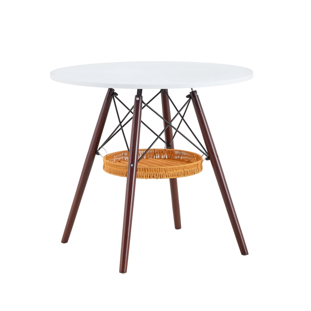 Tavolo rotondo Ø 80 cm con piano bianco, gambe in legno massello e cestello portaoggetti sospeso